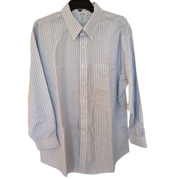 Brooks Brothers Mens Stripe Slim Fit Non-Iron Button Down Shirt Blue Size 17.5 - Picture 1 of 12
